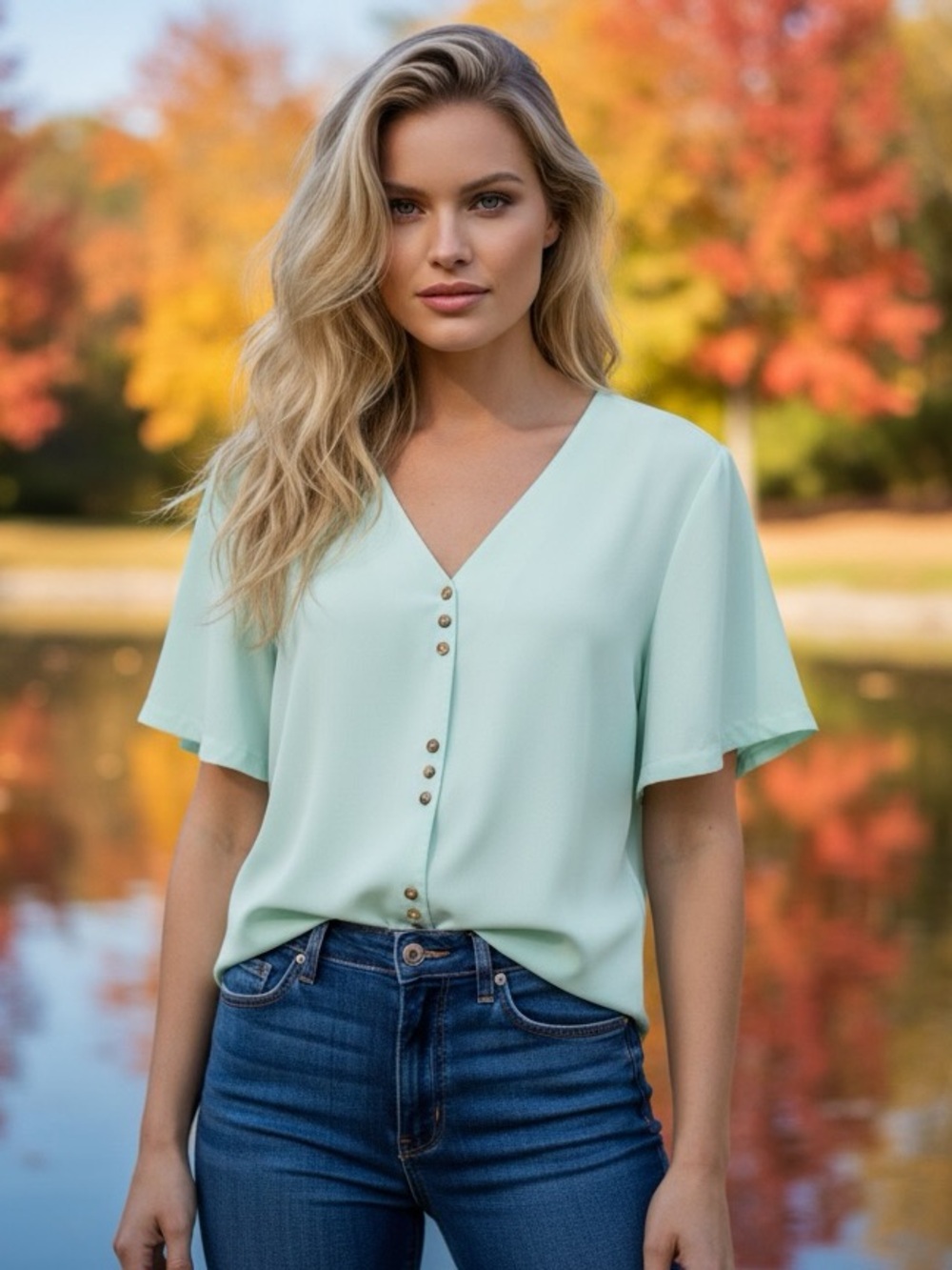 Orvis Mint V-Neck Button-Front Blouse